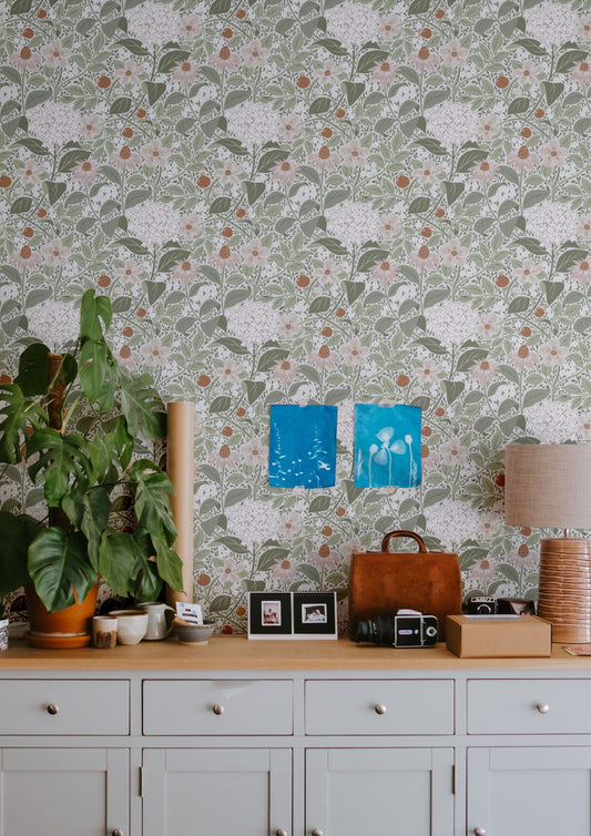 Papier peint floral - Floraison d'été - Vert clair (VENTE)