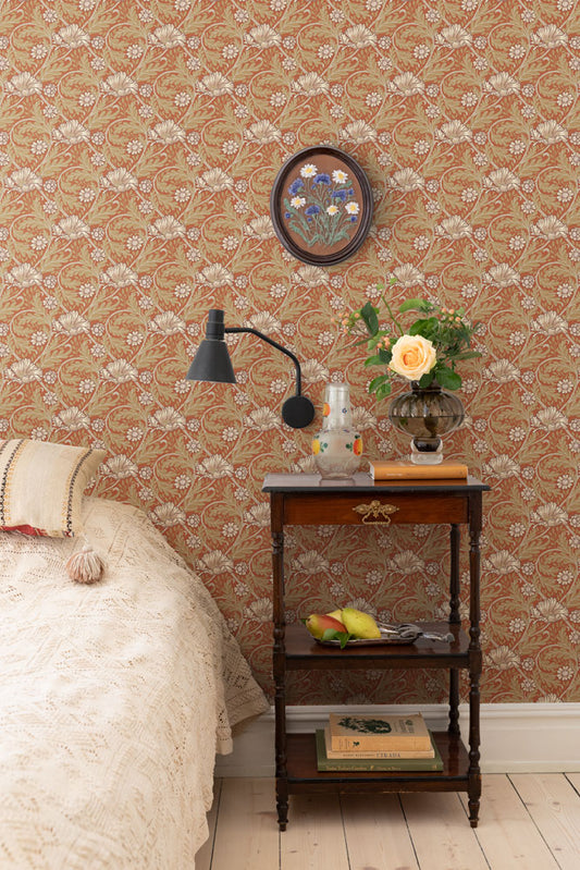 Papier peint Midbec - Esther Garden - Orange avec feuilles beige