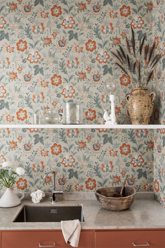 Papier peint Midbec - Mirabelle - Fleurs roses et feuilles