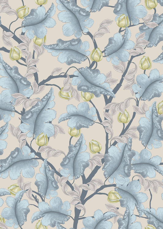 Papier peint floral - Renoncule - Bleu et beige