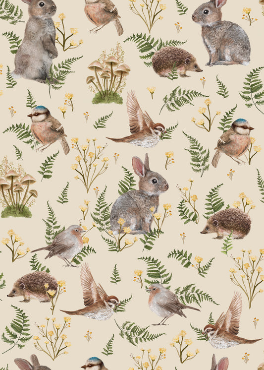 Papier peint pour chambre d'enfant - Oiseaux & Lapins - Écru