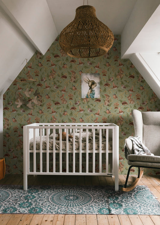 Papier peint pour chambre d'enfant - Oiseaux & Lapins - Peppermint