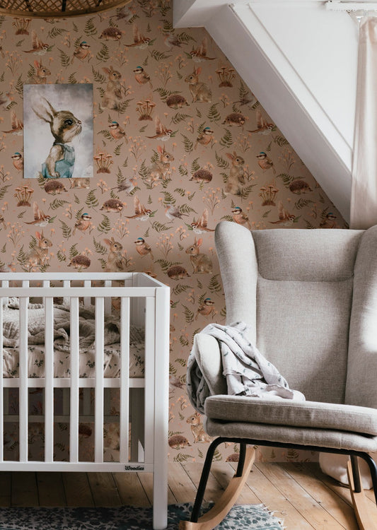 Peel & Stick Wallpaper - Birds & Bunnies - Dusty Rose