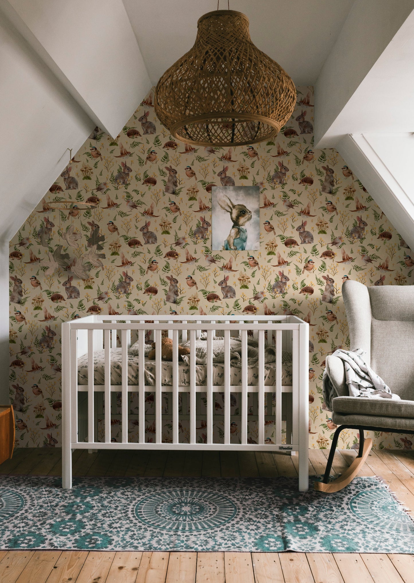 Nursery Wallpaper - Birds & Bunnies - Ecru