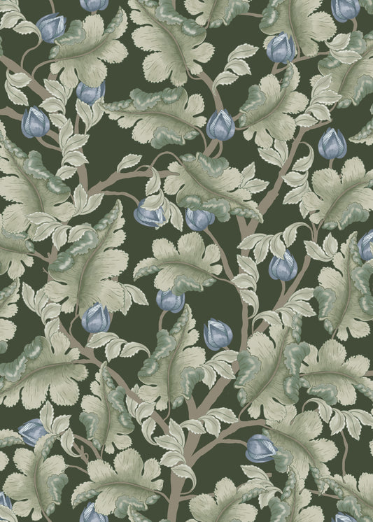 Papier peint floral - Renoncule - Vert et bleu