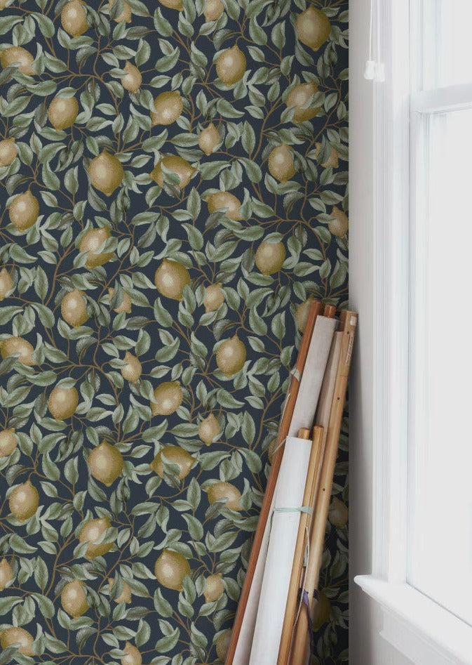 Summer Gray Wallpaper - Lemon Trees - Midnight Blue