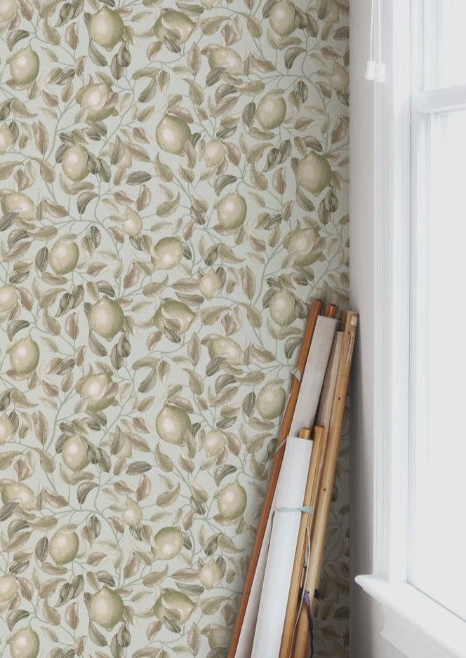 Summer Gray Wallpaper - Lemon Trees - Seagrass Green
