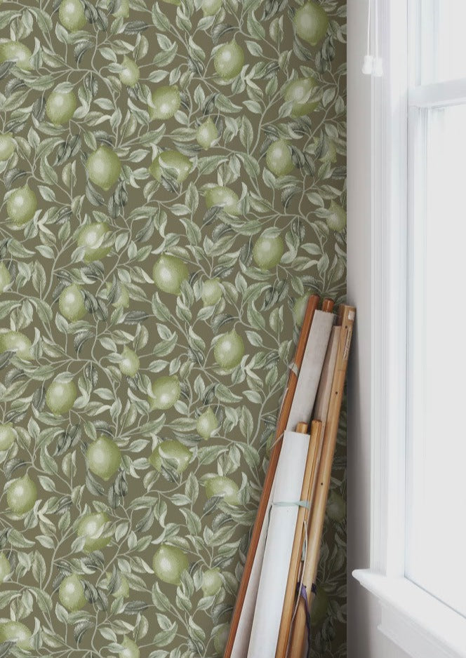 Summer Gray Wallpaper - Lemon Trees - Olive Green