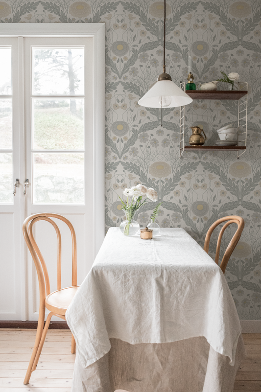 Papier peint Midbec - Marguerite, Fleurs et Feuilles - Gris clair