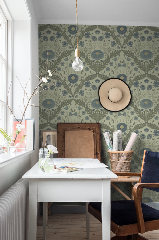 Papier peint Midbec - Marguerite, Fleurs & Feuilles - Vert clair