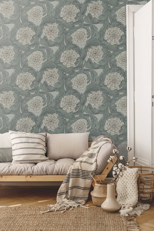 Papier peint Midbec - Fleurs et feuilles - Gris