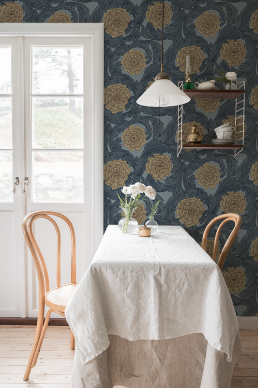 Papier peint Midbec - Fleurs et feuilles - Bleu et marron