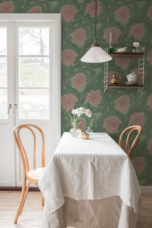 Papier peint Midbec - Fleurs et feuilles - Vert et rose