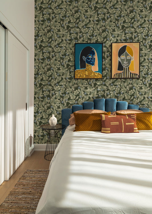 Papier peint floral - Renoncule - Vert et bleu