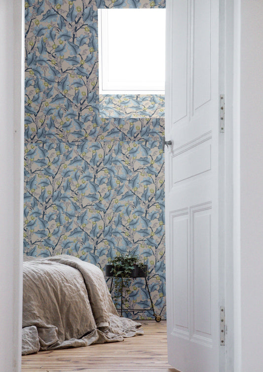 Floral Wallpaper - Ranunculus - Blue & Beige