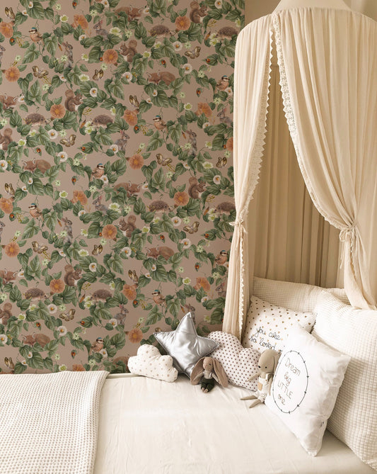 Papier peint pour chambre d'enfant - Berceuse de la forêt - Rose poussiéreux
